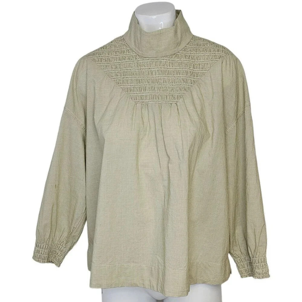 Everlane Womens The Funnel Neck Smocked Top Size Medium Check Print